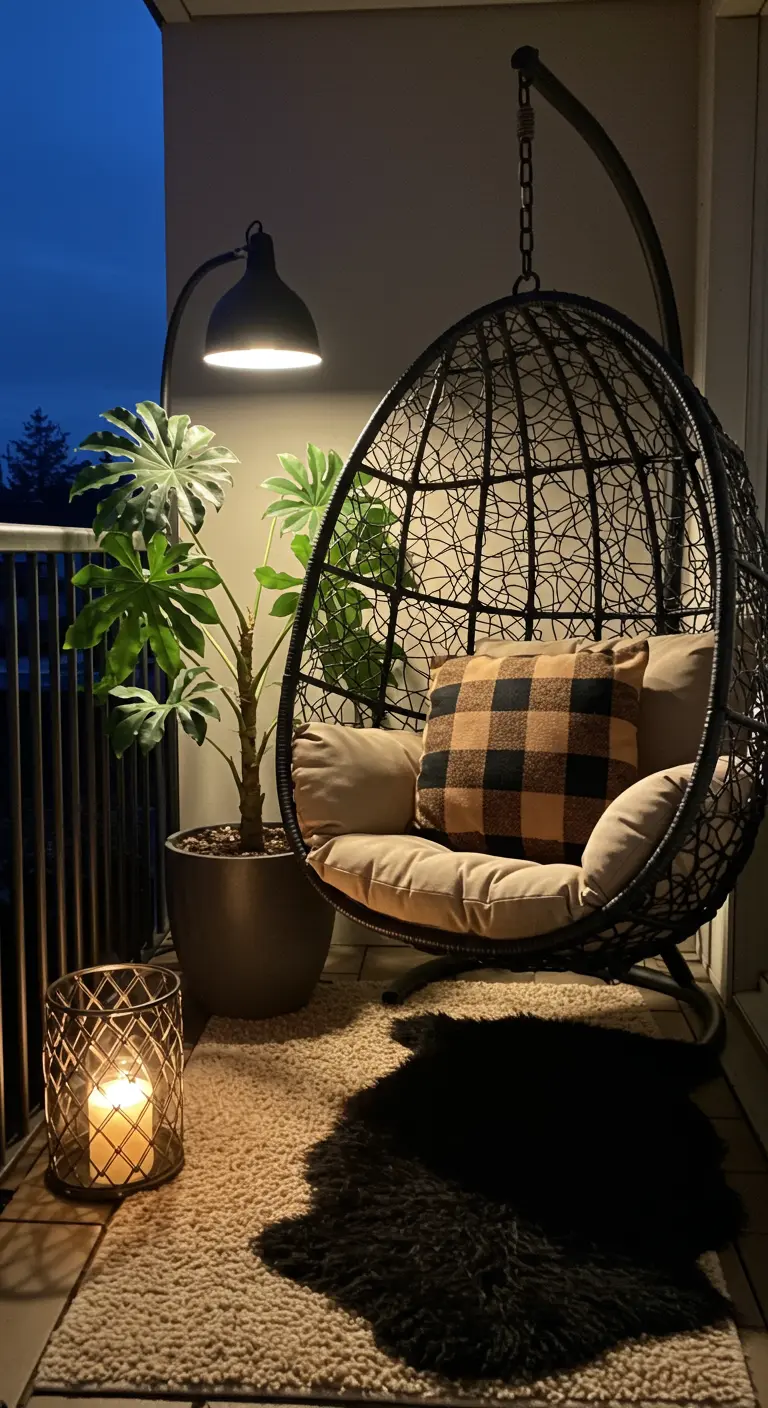 A cozy balcony at night with a hanging egg chair, plaid pillow, sheepskin rug, and large plant.