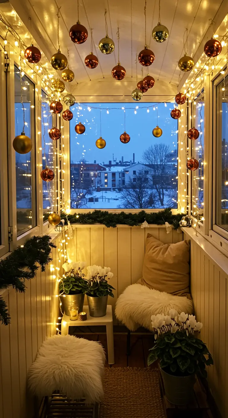A cozy, enclosed balcony filled with lights, baubles, and faux fur throws.
