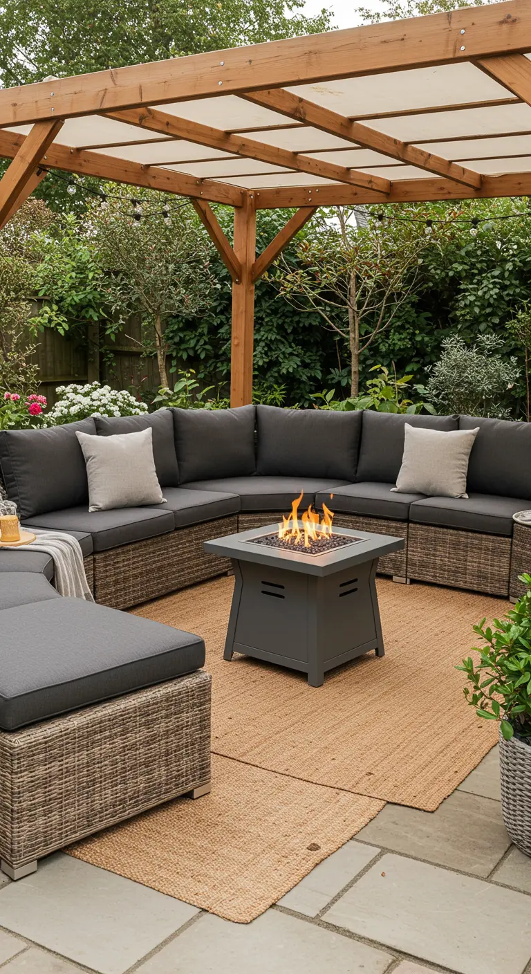 A grey wicker sectional surrounding a fire pit under a pergola with a fabric cover.