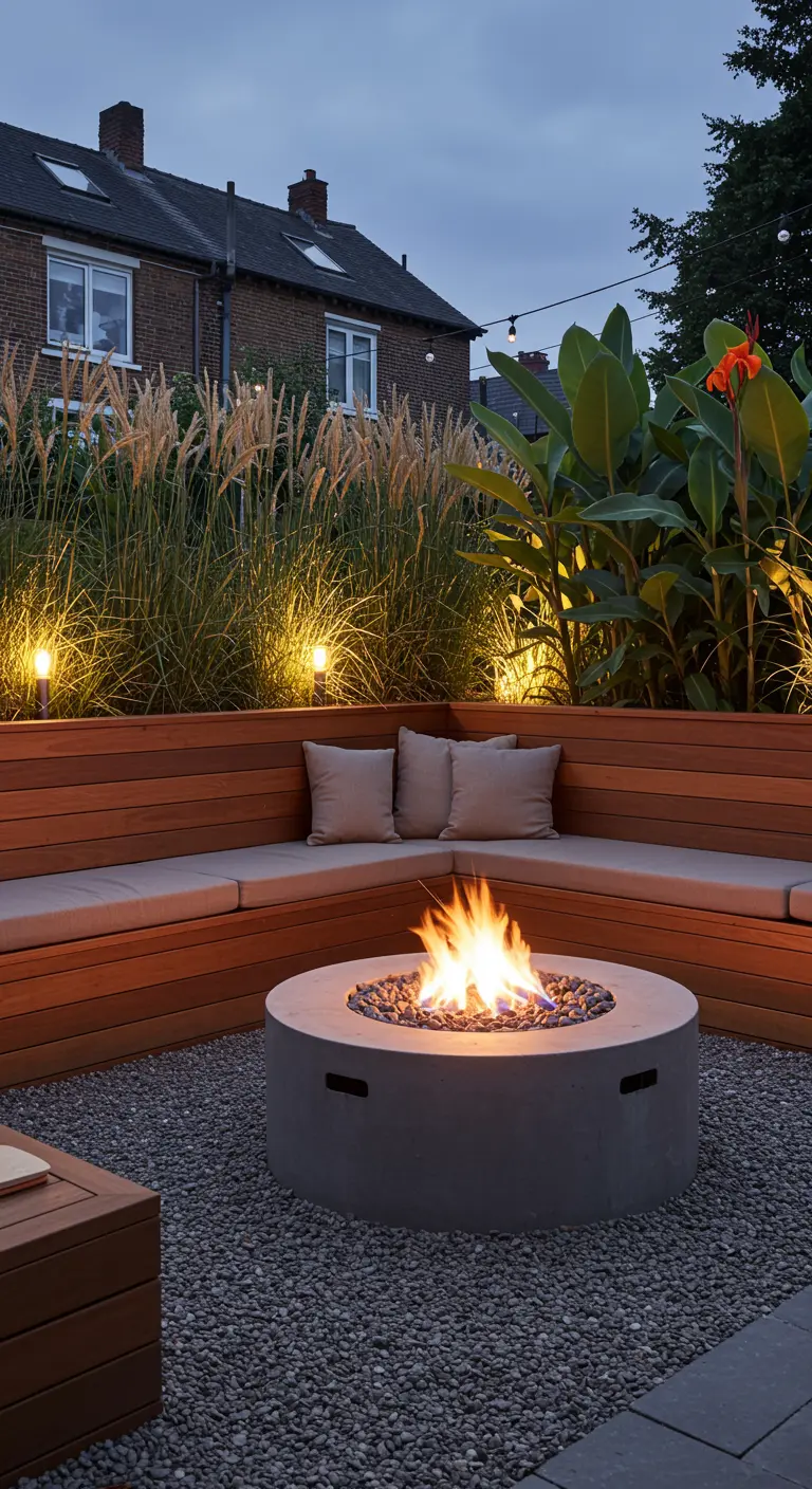 A modern patio with a built-in wooden bench around a round fire pit.