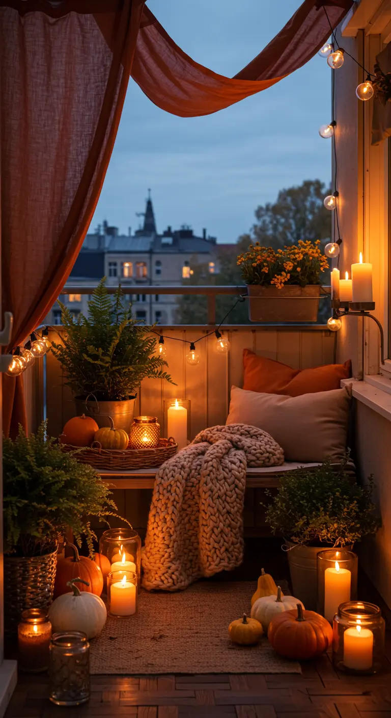 Cozy autumn balcony with pumpkins, a chunky blanket, ferns, and warm lighting.