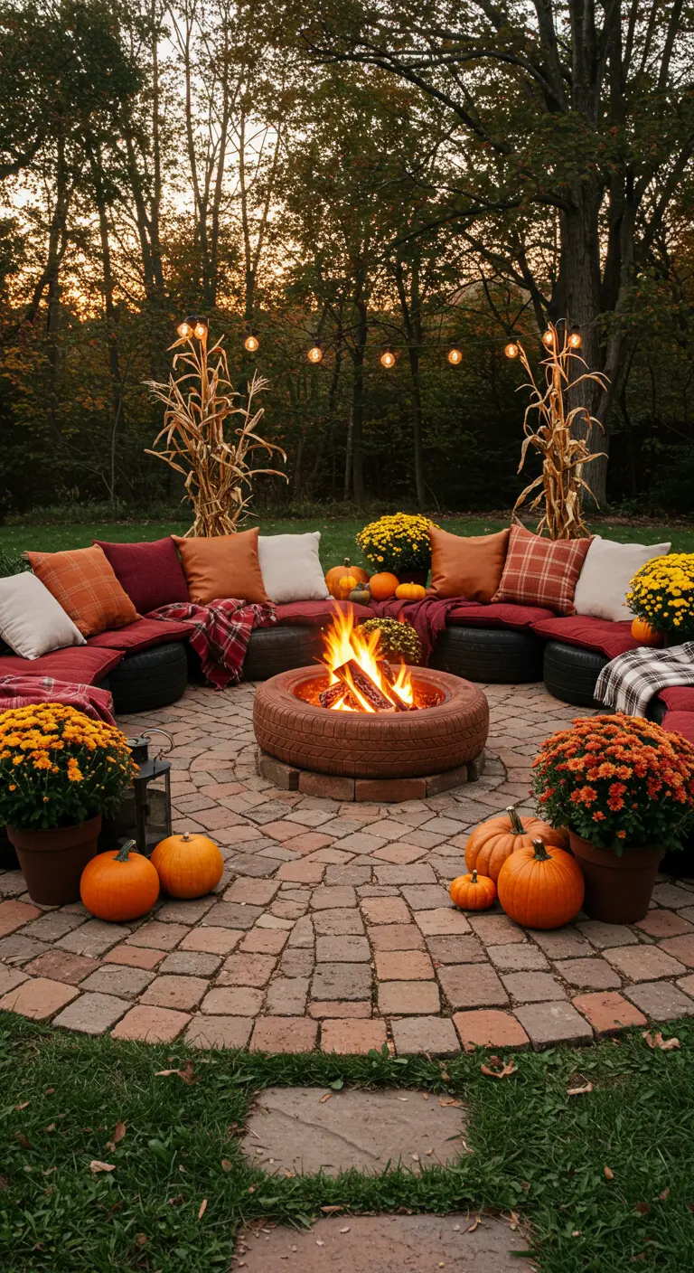 Autumnal fire pit surrounded by tire seating with plaid cushions, mums, and pumpkins.