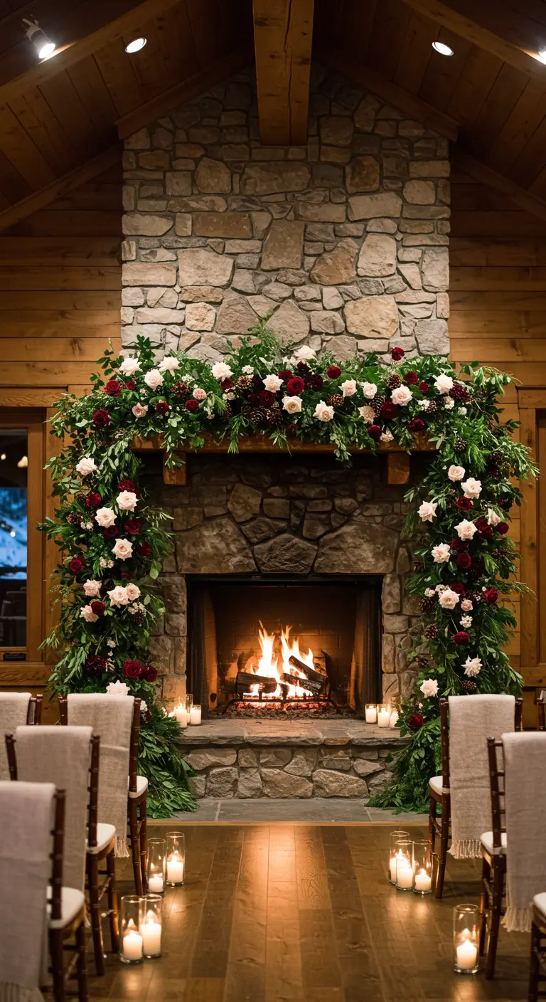 A stone fireplace decorated with a large, cascading garland of blush and burgundy flowers.