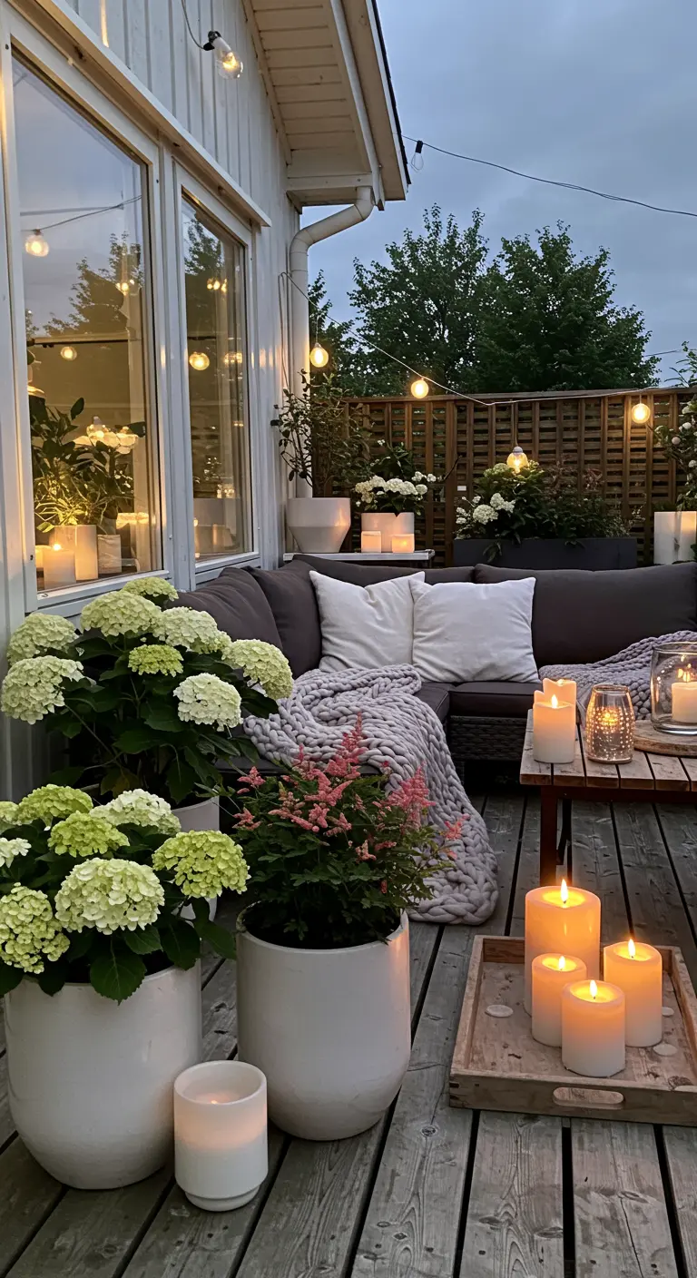 A cozy patio with a dark wicker sofa, white hydrangeas, and grouped pillar candles.