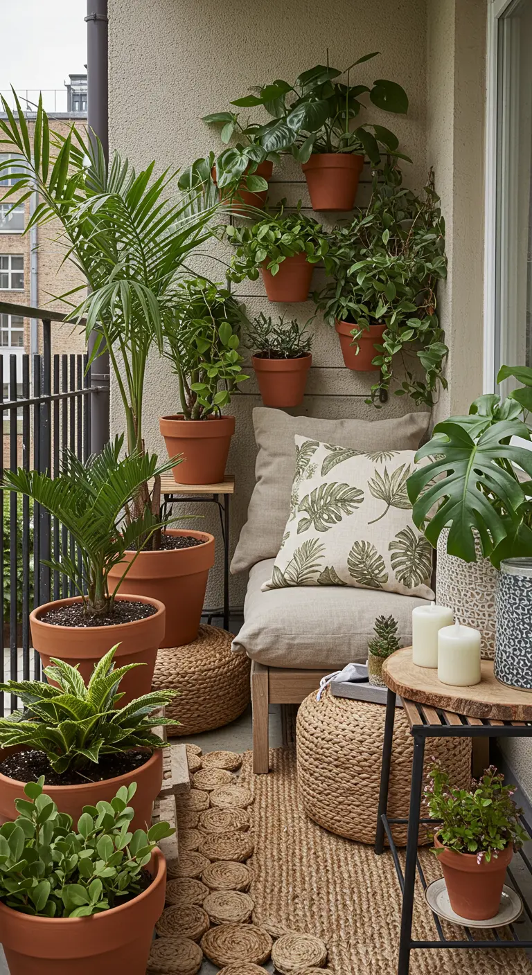 A cozy boho balcony with woven poufs, layered rugs, linen cushions, and terracotta pots.