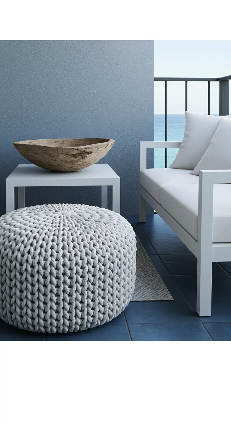A close-up of a chunky white knit pouf on a dark blue tiled balcony next to a white sofa.