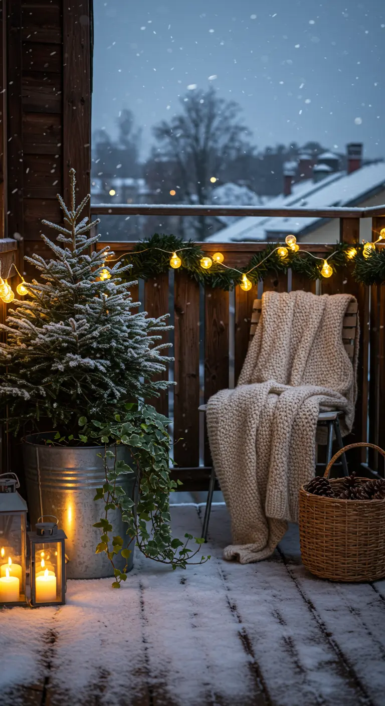 A snowy balcony with a small pine tree in a bucket, lit by lanterns and string lights.