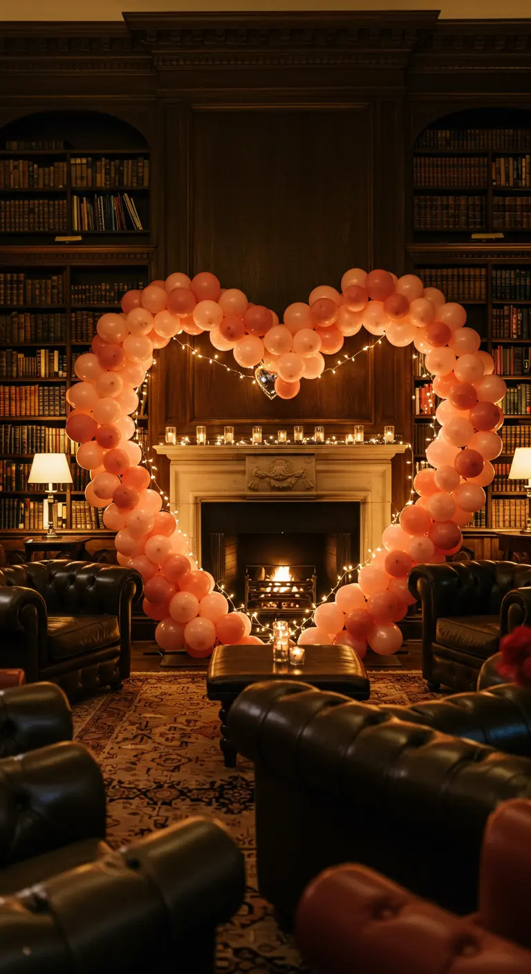 A heart-shaped balloon arch with fairy lights in a cozy, book-lined library.