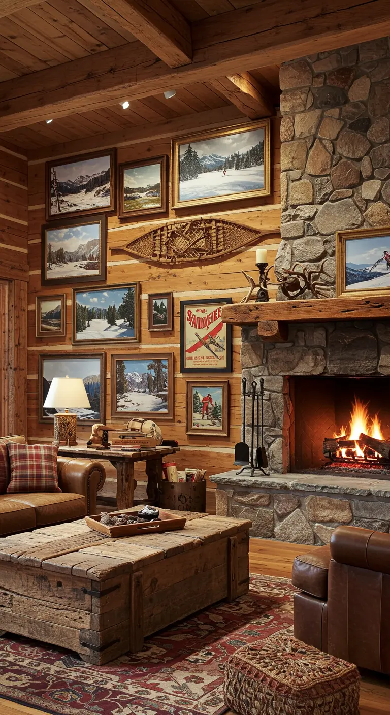 Rustic lodge living room with a stone fireplace, log walls, and a gallery of vintage ski posters.