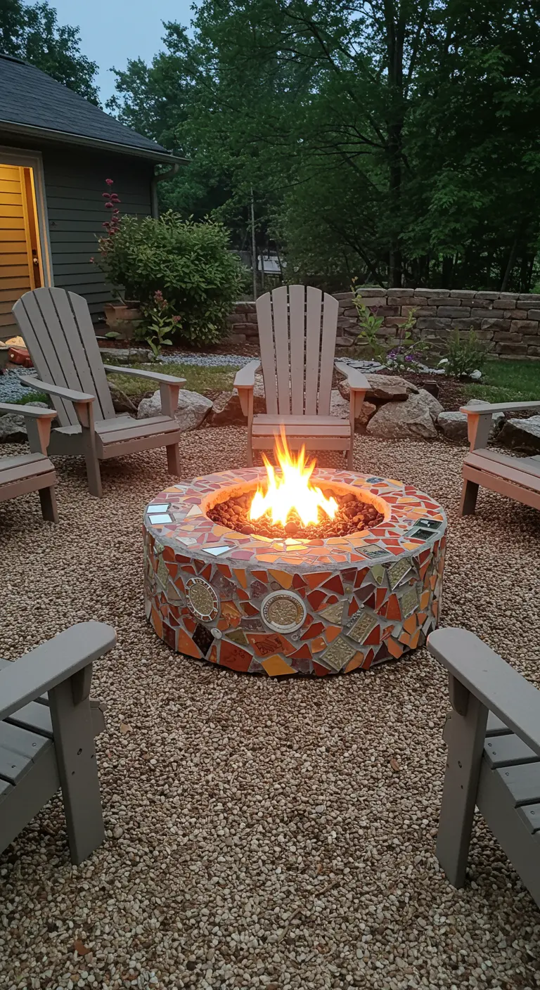 A circular mosaic fire pit with orange and brown tiles, surrounded by Adirondack chairs.