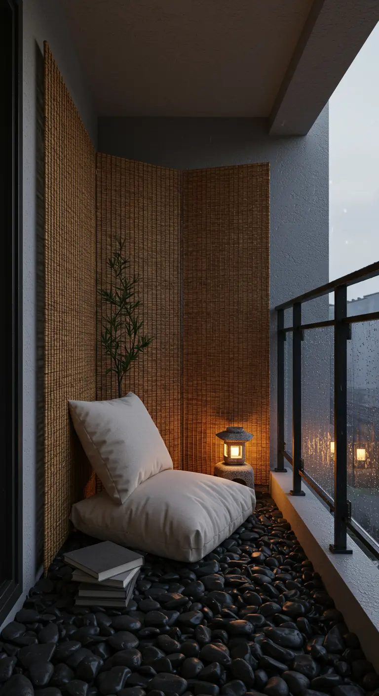 Narrow balcony with bamboo screen, white cushion, and black river rocks on a rainy day.