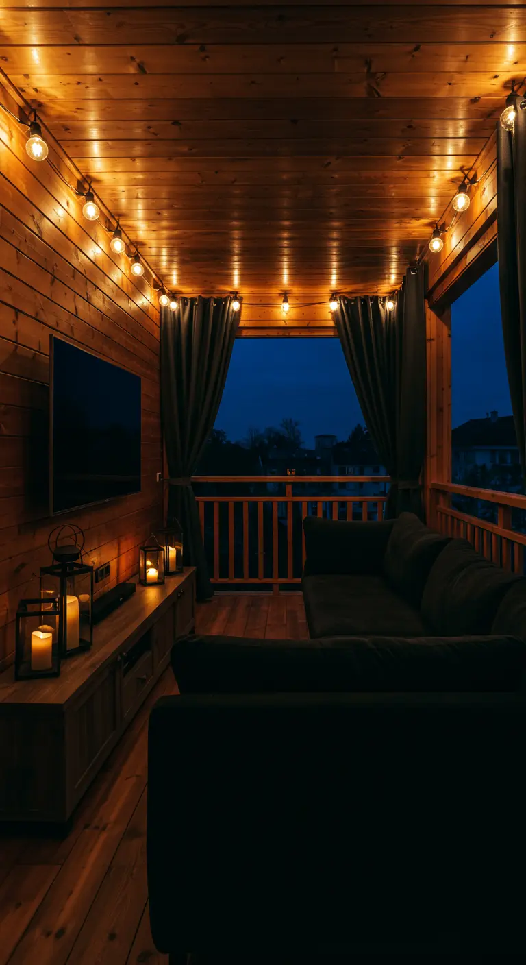 A covered, wood-paneled balcony set up as an outdoor cinema with a TV, sofa, and curtains.