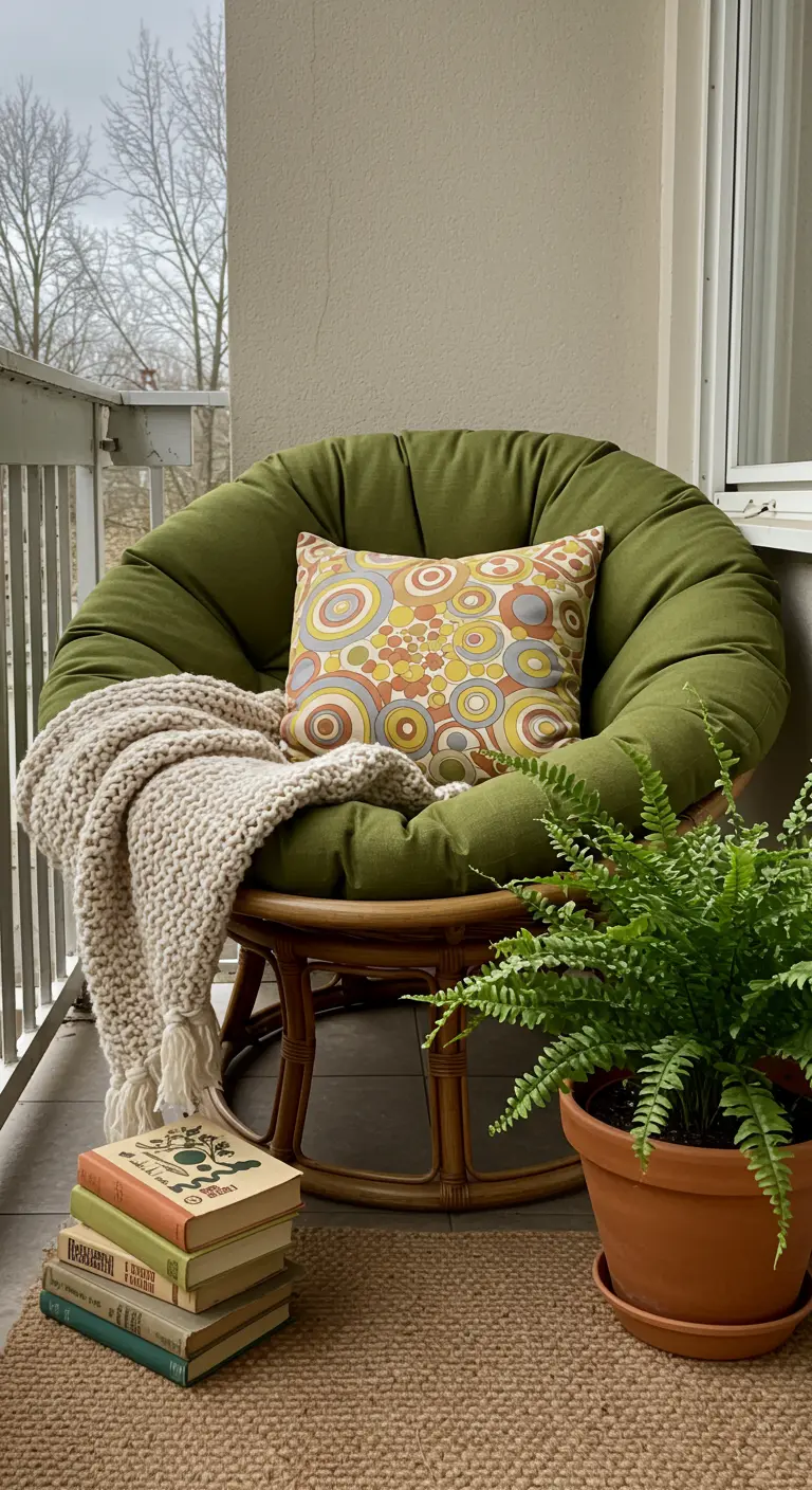 An olive green Papasan chair on a balcony with a retro pillow and a chunky blanket.