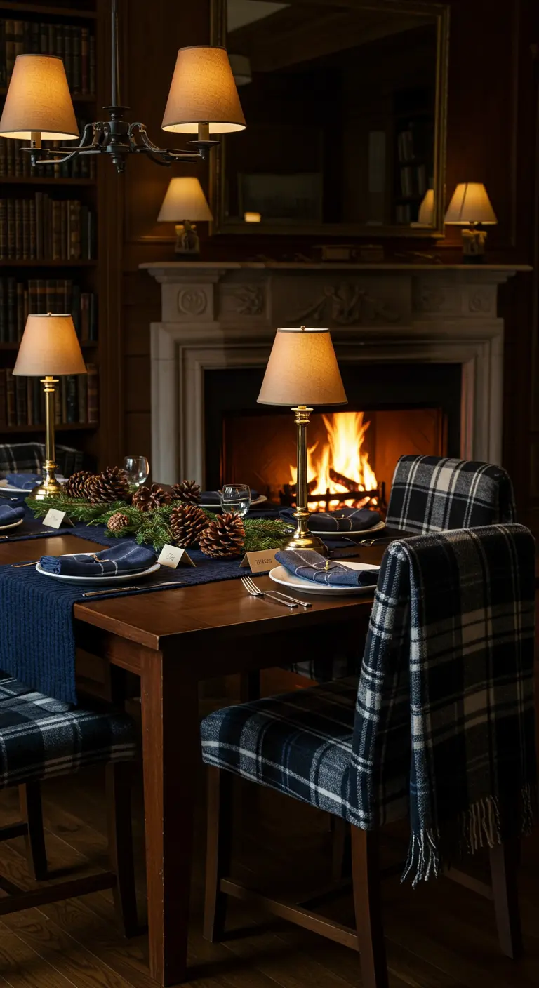 Library-themed dining room with a navy runner and plaid chair covers.