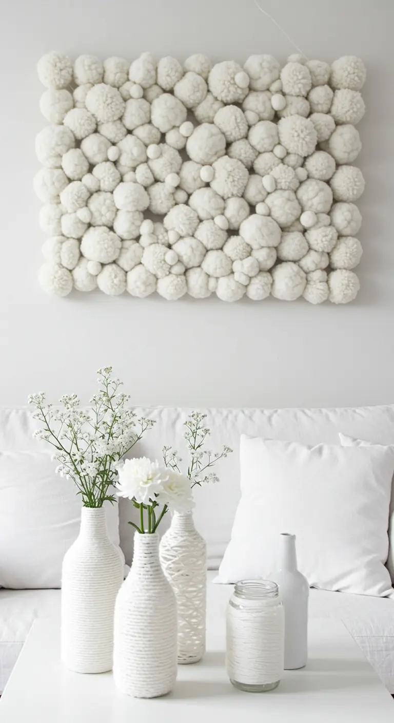 A piece of textured wall art made from white yarn pom-poms of various sizes.