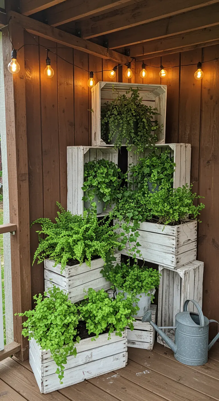 Stacked white-painted wooden crates filled with ferns and ivy on a porch, illuminated by string lights.