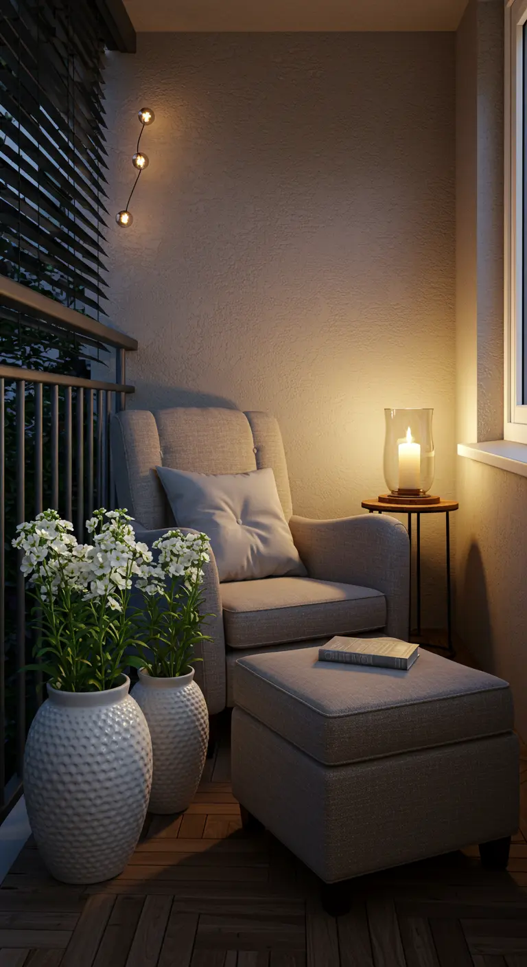 A cozy balcony reading nook with an armchair, ottoman, lamp, and pots of white flowers.