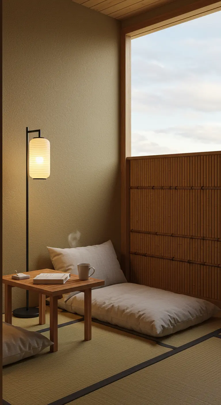 A quiet balcony corner with a floor mattress, a small table, and a Japanese-style floor lamp.