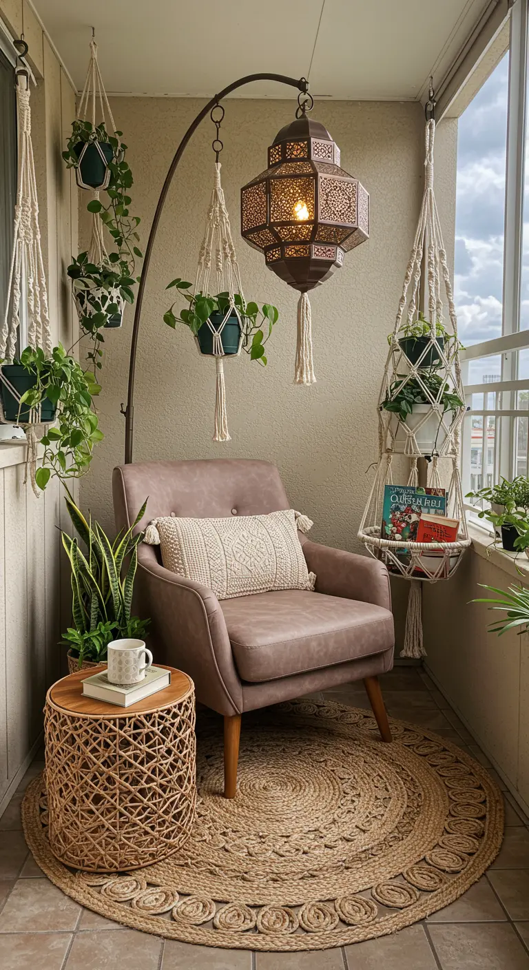 A cozy balcony reading corner with an armchair, a large floor lamp, and hanging plants.