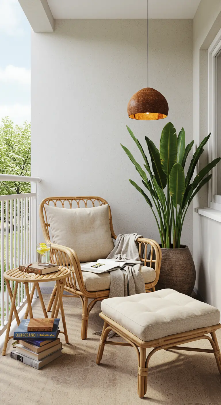 A comfy rattan armchair and ottoman next to a large banana plant.