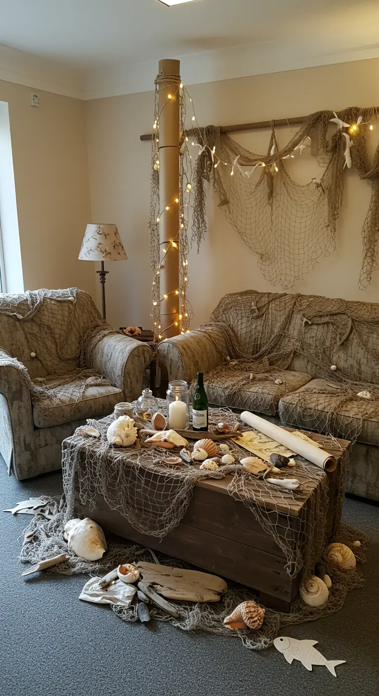 A living room with furniture draped in fishing nets and warm fairy lights to create a shipwreck theme.