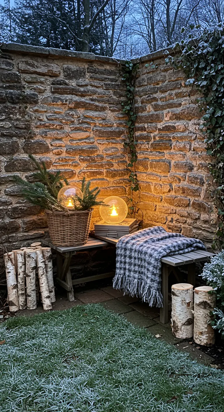A cozy garden corner with a stone wall, a wooden bench with a plaid throw, and birch logs.