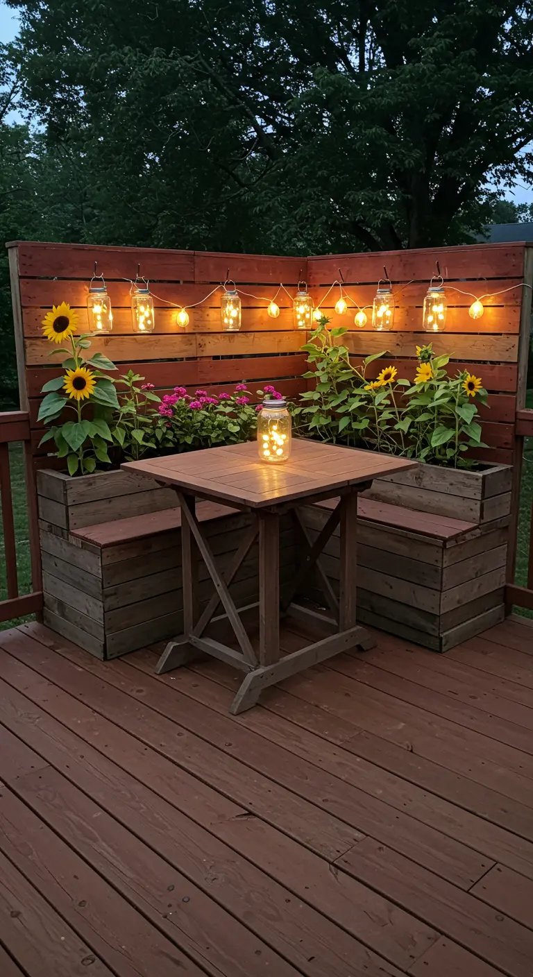 A dining nook made with pallet wood benches and planters filled with sunflowers, lit by mason jar lights.