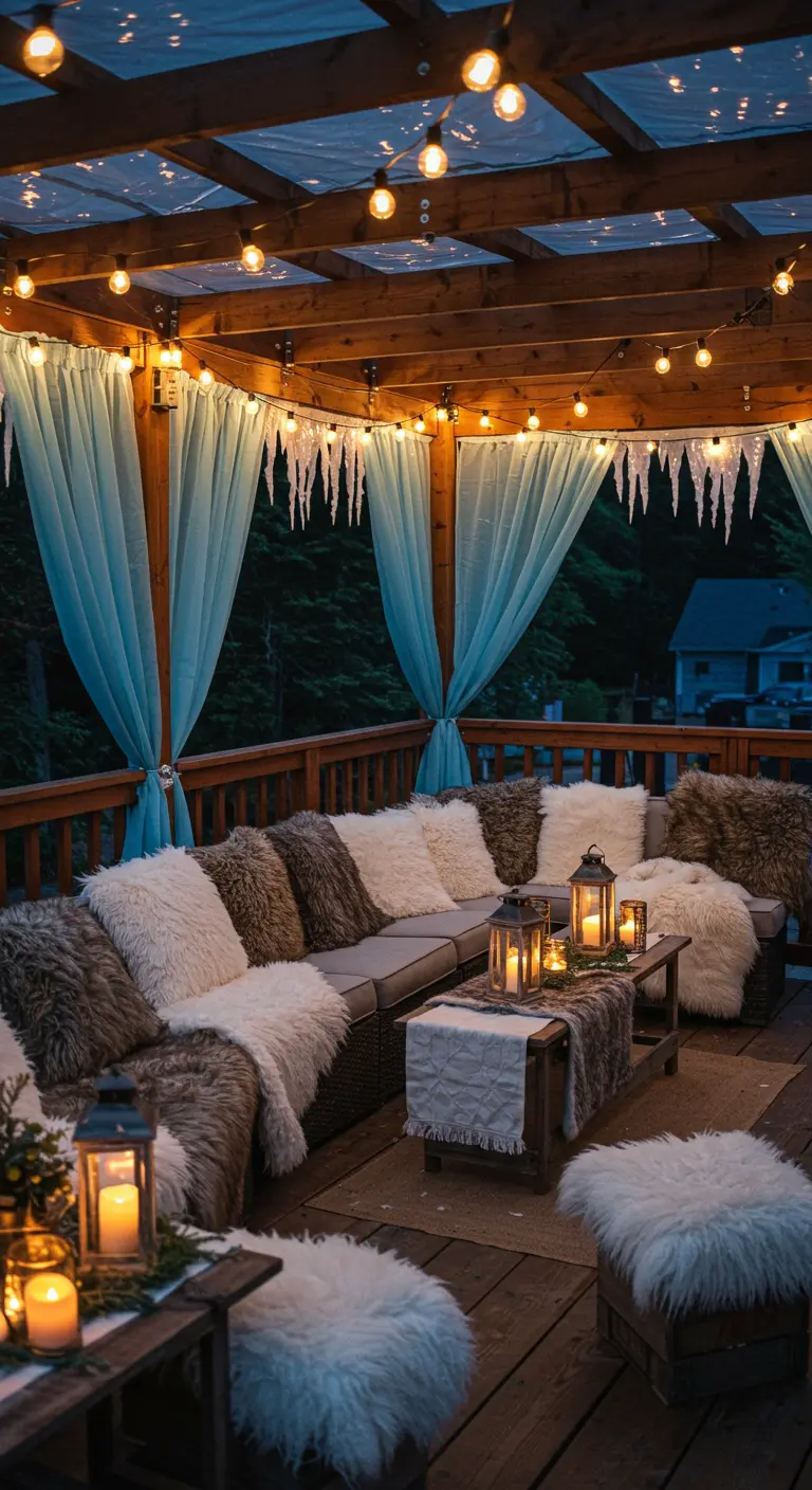 A cozy, decorated winter deck with faux fur throws, blue curtains, icicle lights, and lanterns.