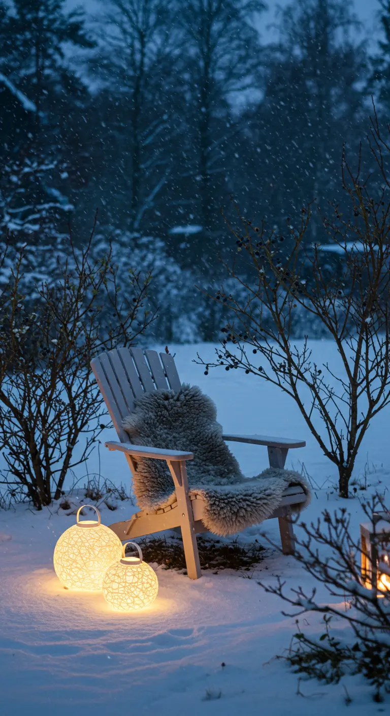 A cozy Adirondack chair with a sheepskin throw, next to woven lanterns in the snow.