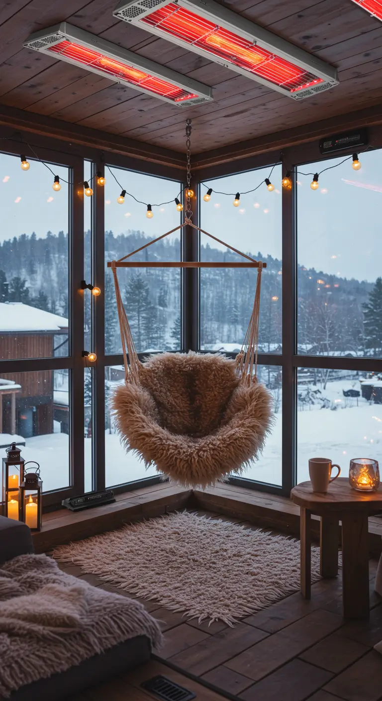 A hanging chair with a fur throw in a glass-walled sunroom in winter, with heaters on the ceiling.