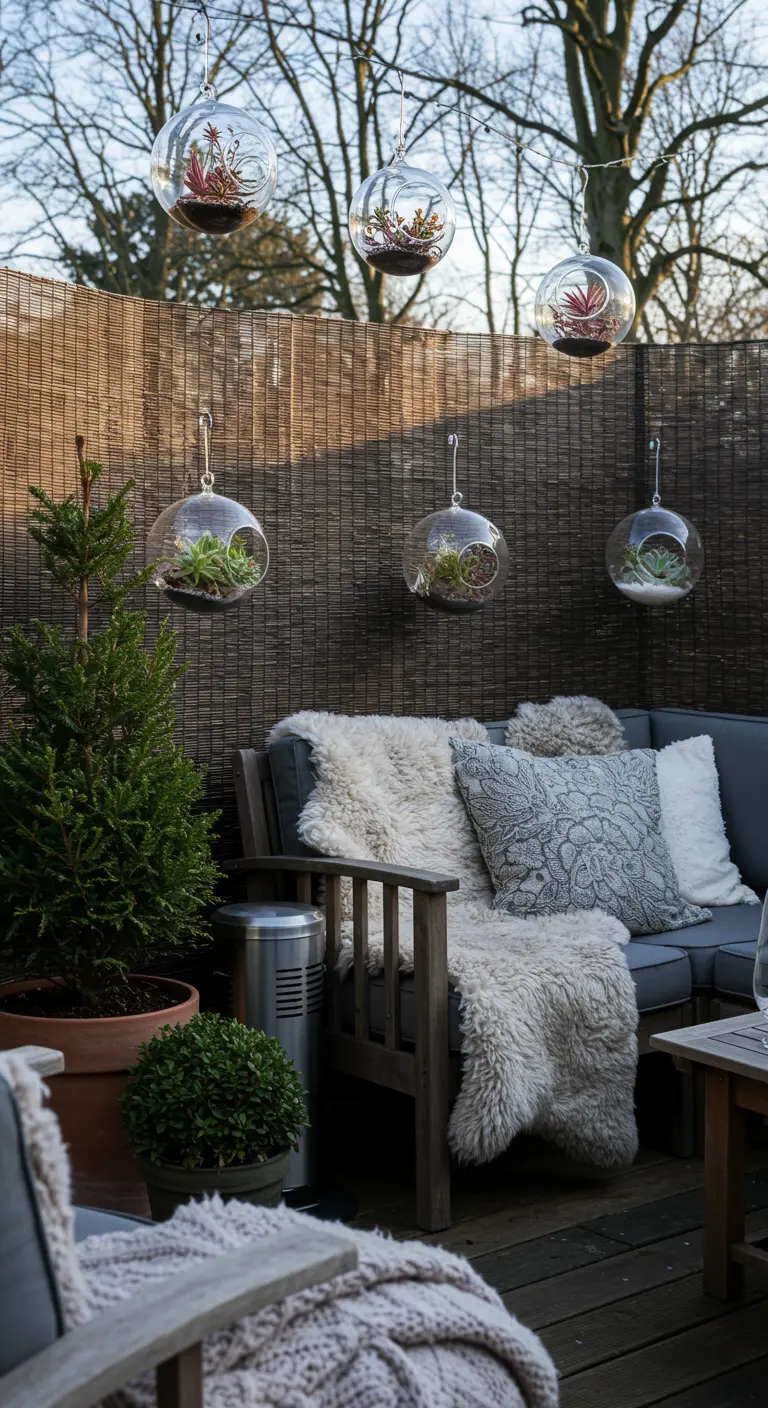 A winter patio with a bamboo screen, a sofa with faux fur throws, and potted evergreens.