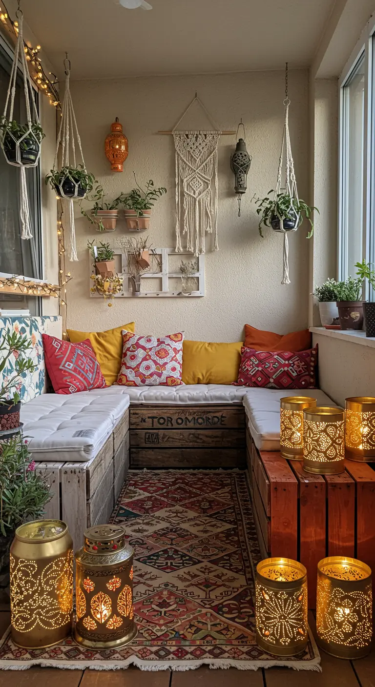 A cozy balcony with a U-shaped bench made from wooden crates and colorful cushions.
