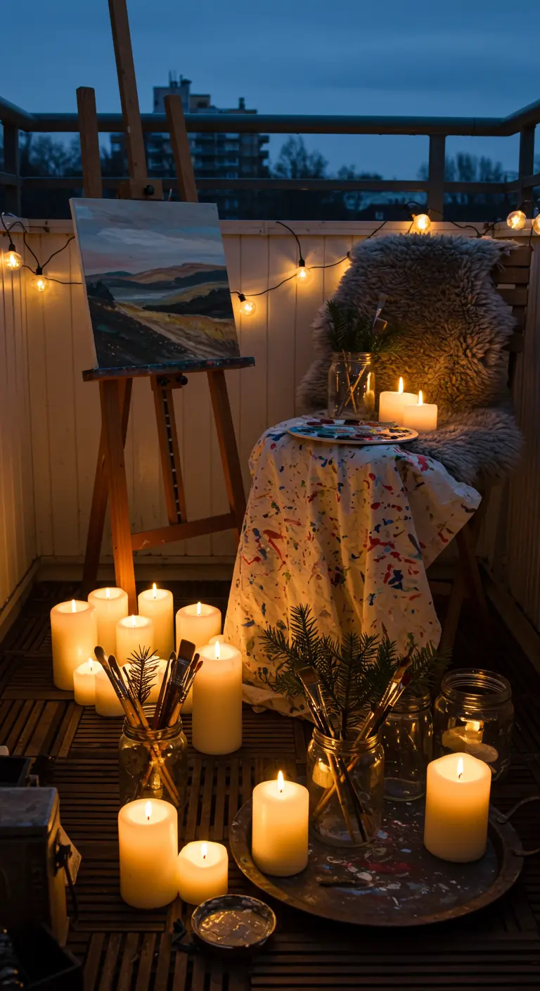 An artist's easel and supplies on a balcony, surrounded by dozens of glowing candles.