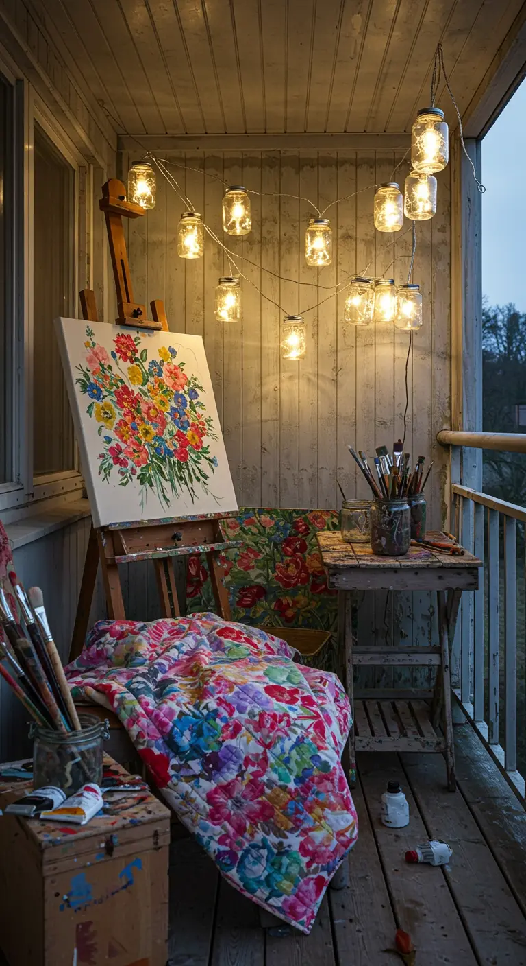 An artist's corner on a balcony with an easel, paints, and a floral quilt.