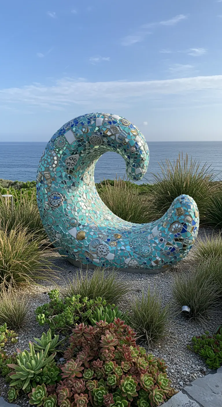 A large, wave-shaped mosaic sculpture in shades of blue and aqua on a coastline.