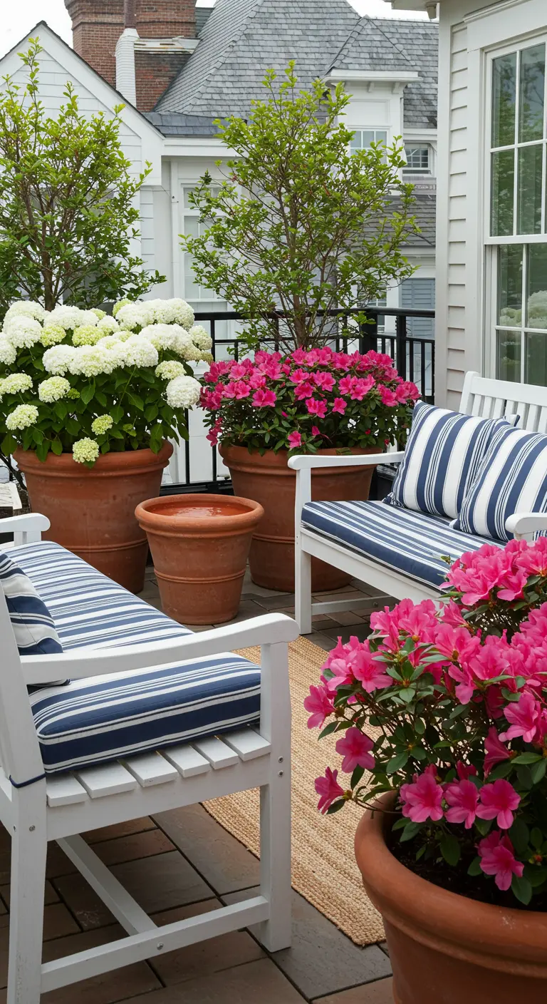 A patio with white wooden chairs, navy and white striped cushions, and pots of pink azaleas.