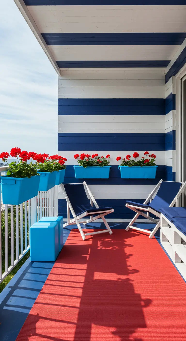 Balcony with navy and white striped walls, a bright red rug, and blue lounge chairs.