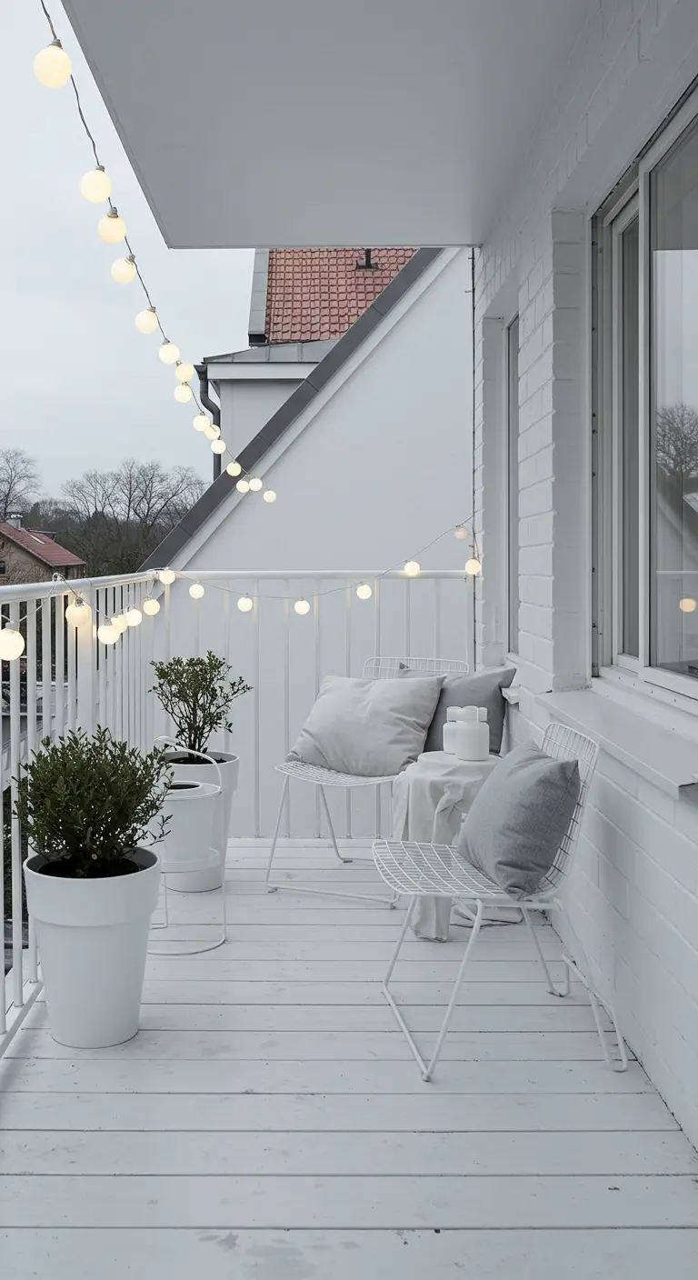 An all-white balcony with white floors, walls, wireframe chairs, and globe string lights.