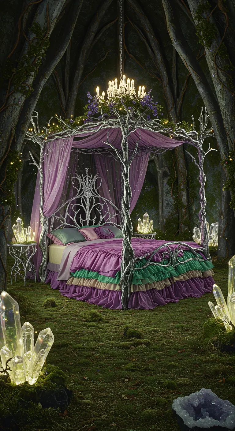 Wrought-iron bed in a forest setting with purple drapery and glowing crystals.