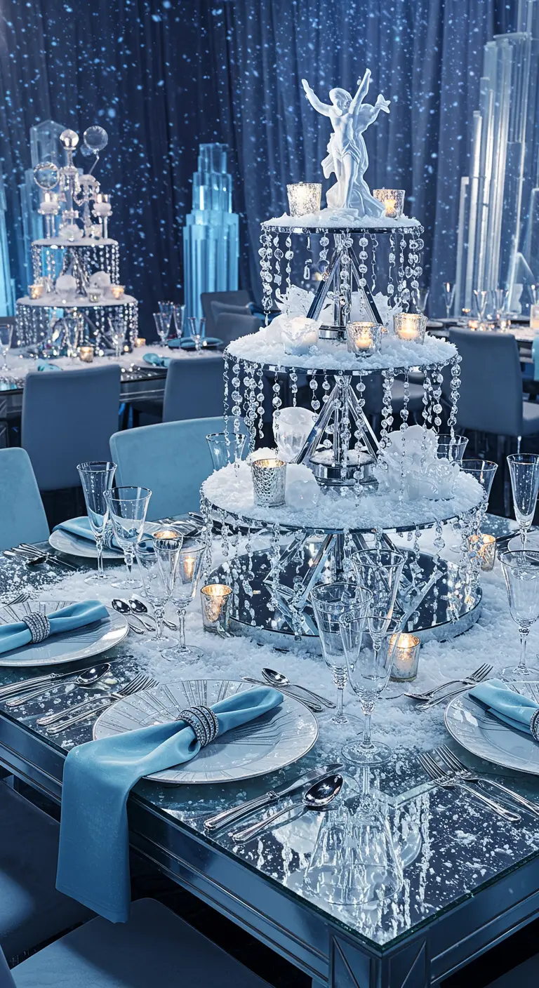 A glamorous table with a tiered, mirrored centerpiece dripping with crystals.