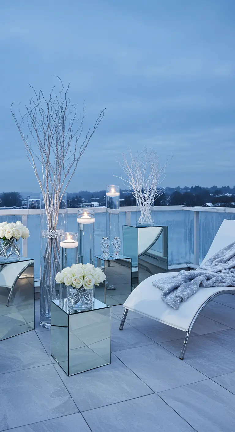 A modern terrace with mirrored tables, white roses, and white branches in glass vases.