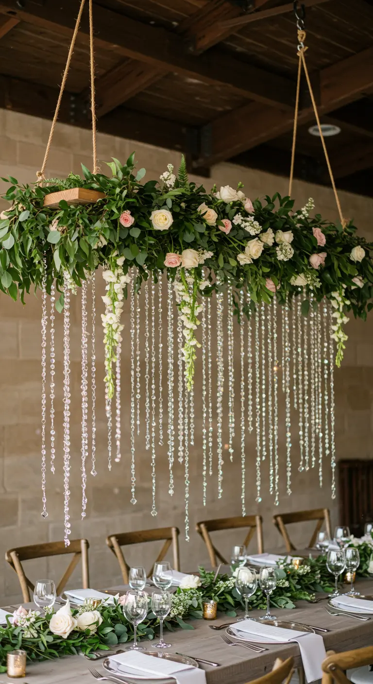 A hanging floral installation over a table with long strands of crystals creating a rain effect.