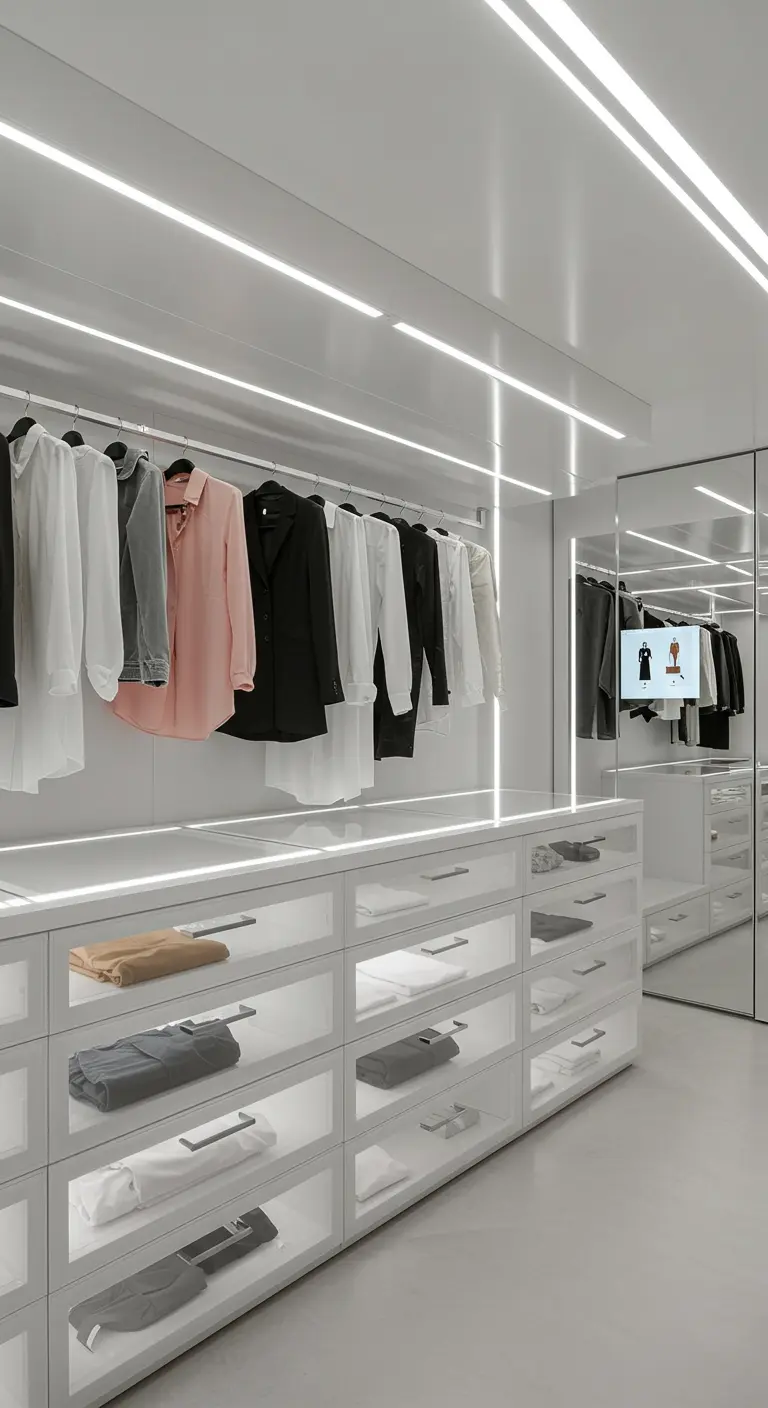 A bright, modern walk-in closet with illuminated glass-front drawers and white linear lights.