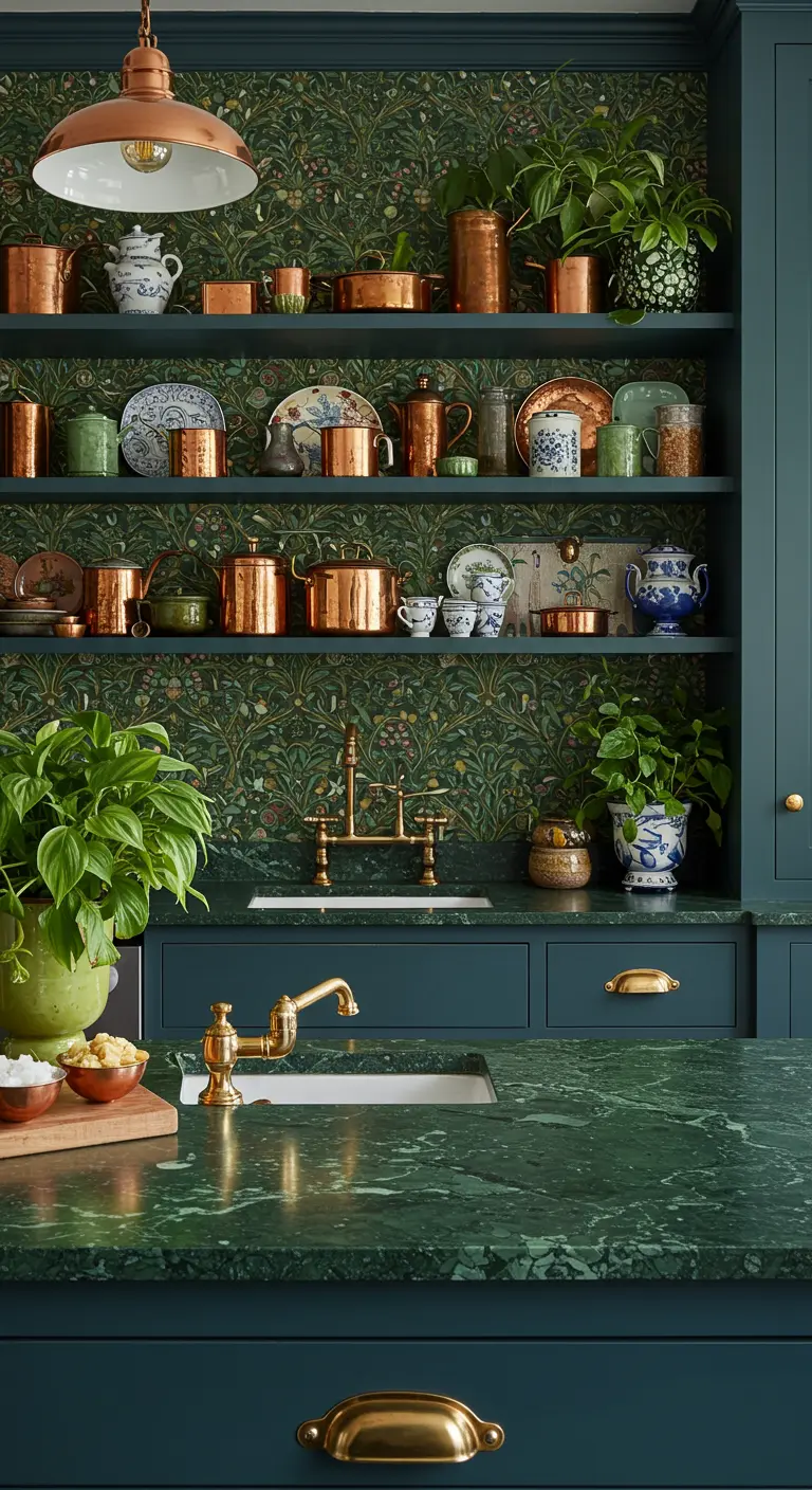 Dark green kitchen with open shelves displaying copper pots and vintage ceramics.