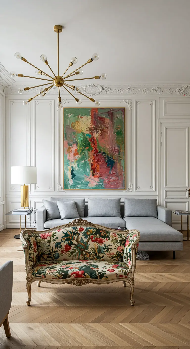 Parisian living room with a modern grey sofa, a floral antique settee, and large abstract art.