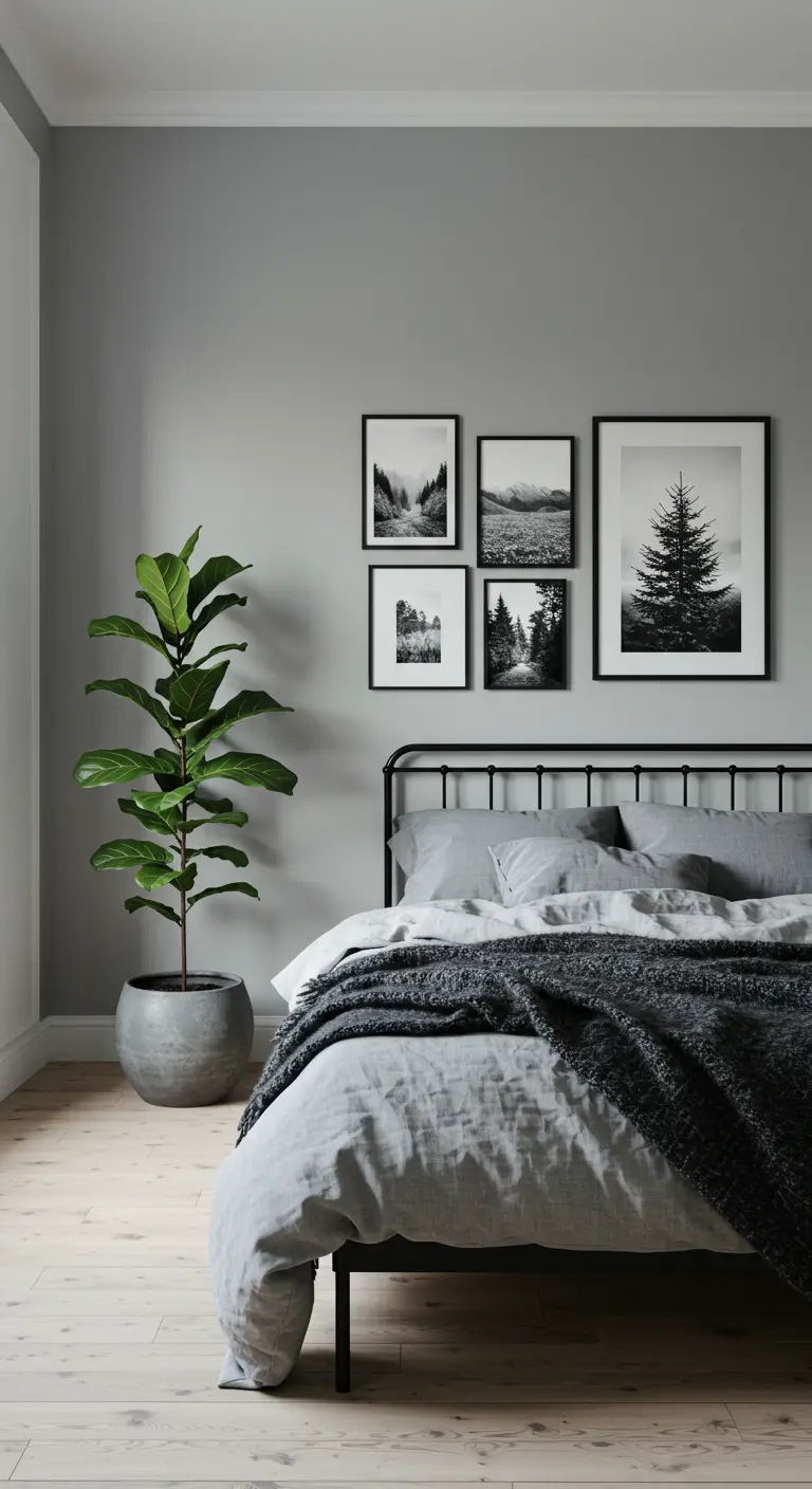 Gray bedroom with a black metal bed, a gallery wall of nature photos, and a fiddle-leaf fig.