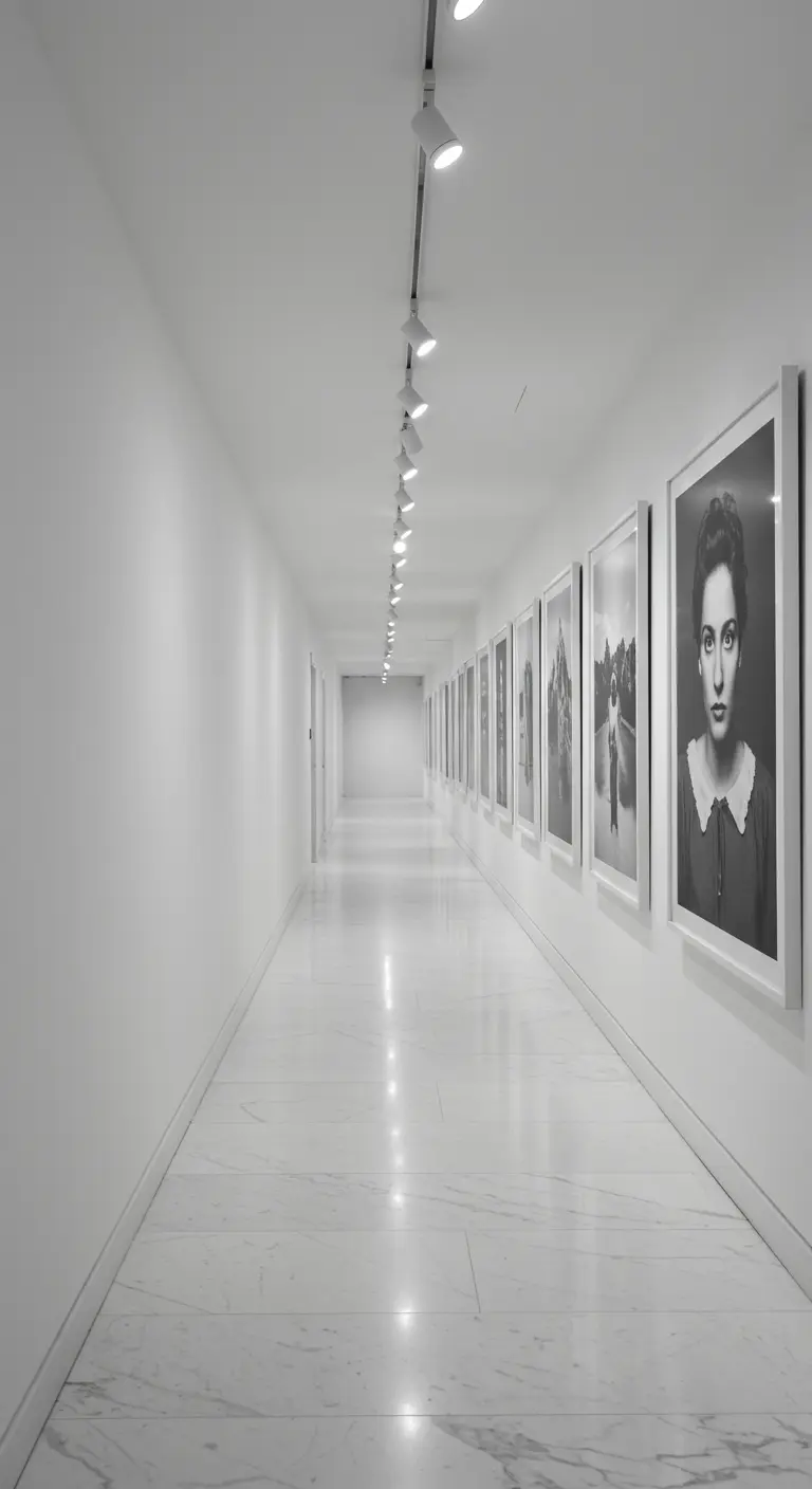 Long white hallway lined with black and white portraits in identical frames.