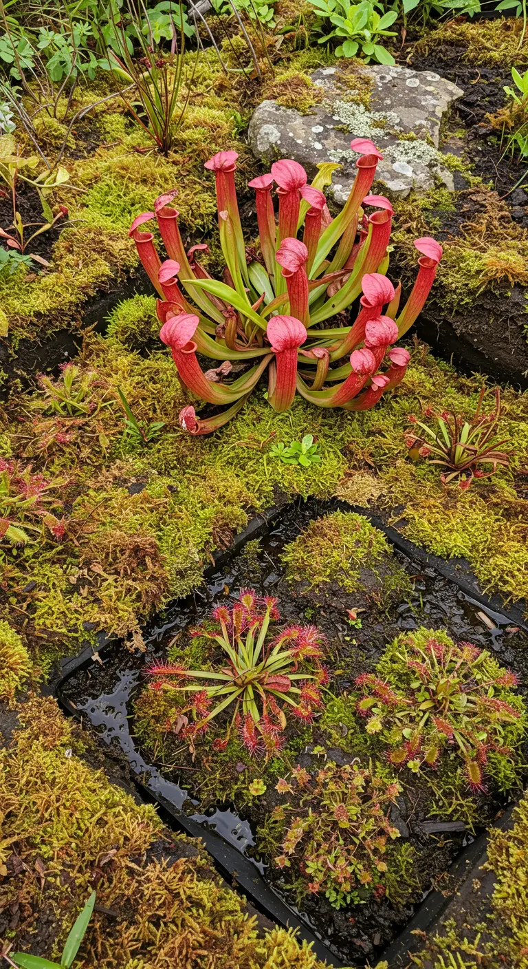A bog garden filled with moss and red carnivorous pitcher plants.