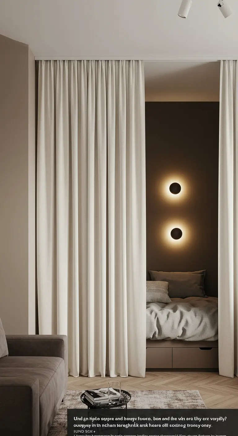A heavy off-white curtain separates a cozy sleeping nook from a living area.