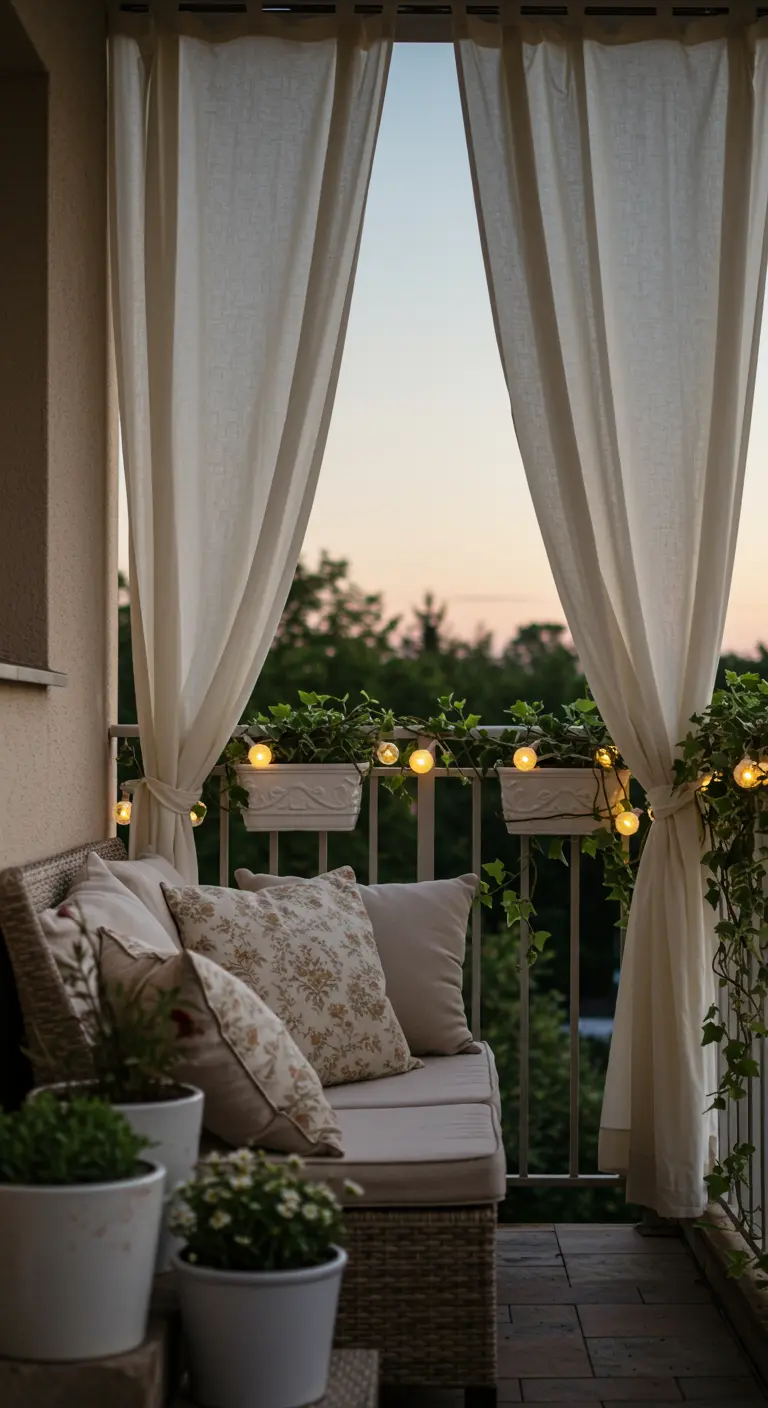 A cozy balcony at dusk with soft white curtains, string lights, and a plush sofa.